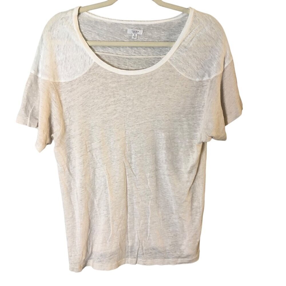 Tavik Linen Top Women's size M Nude Beige White Short Sleeve Lightweight